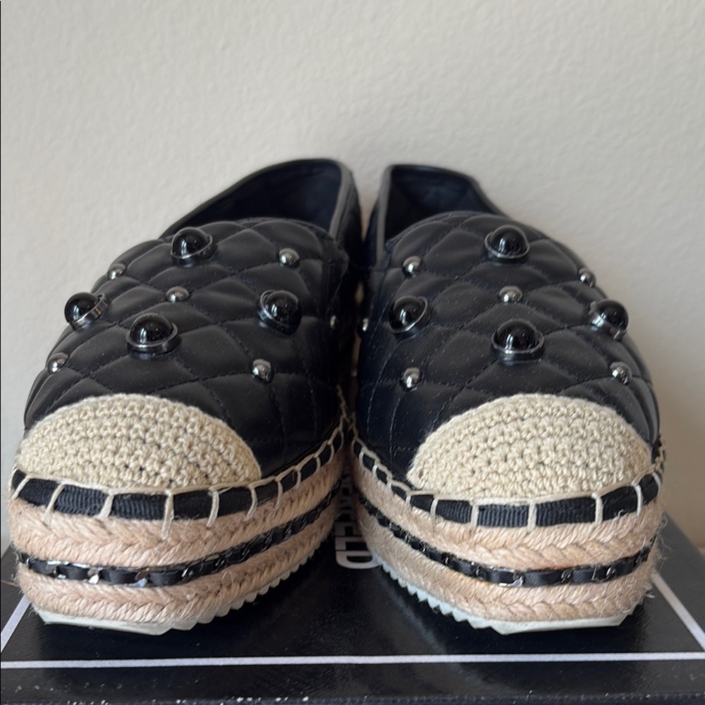 ⚜️Karl Lagerfeld Black Quilted Studded Espadrille Platform Flats - Picture 3 of 7